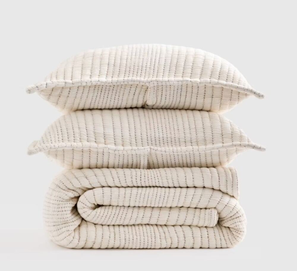 Quince Full Queen Organic Cotton Channel Stitch Quilt + Shams Undyed Cream NEW